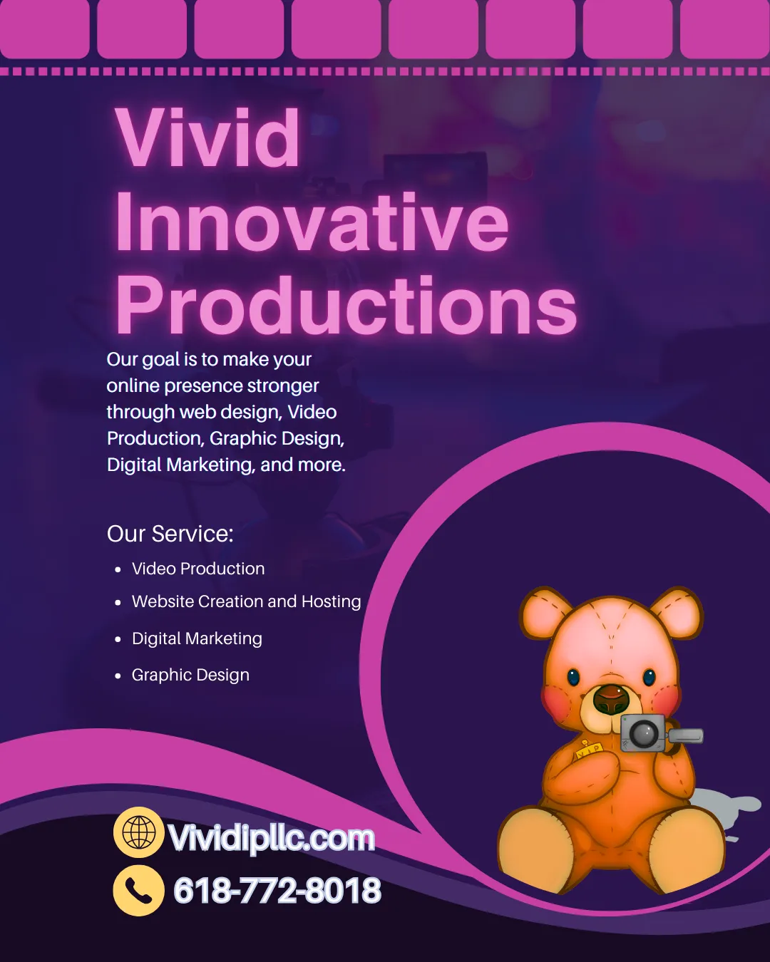 Vivid Innovative Productions services flyer featuring the studio's bear mascot